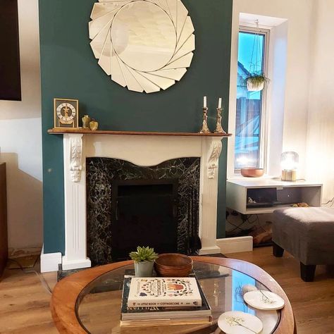 Chimney Breast Colour Ideas, Green Chimney Breast Wall, Green Chimney Breast, Painted Chimney Breast, Green Chimney, Feature Chimney Breast, Cream Fireplace, Green Fireplace, Fire Surrounds