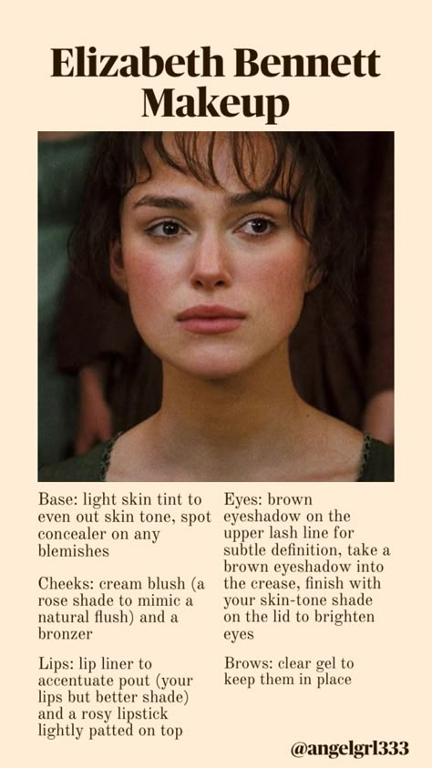 Elizabeth Bennett makeup Elizabeth Bennett Hair Tutorial, Lizzie Bennet Aesthetic, Elizabeth Bennett Hair, Elizabeth Bennett Costume, Elizabeth Bennett Aesthetic, Elizabeth Bennet Makeup, Modern Elizabeth Bennet Aesthetic, Regency Era Makeup, Elizabeth Bennet Outfit