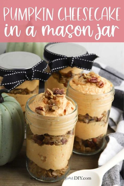 Gluten Free No Bake Pumpkin Cheesecake in a Jar Fall Desserts Gluten Free, Gluten Free No Bake, Jar Desserts, Gluten Free Thanksgiving Recipes, Pumpkin Spice Granola, Pumpkin Spice Cheesecake, No Bake Pumpkin, Mason Jar Desserts, Cheesecake Parfaits