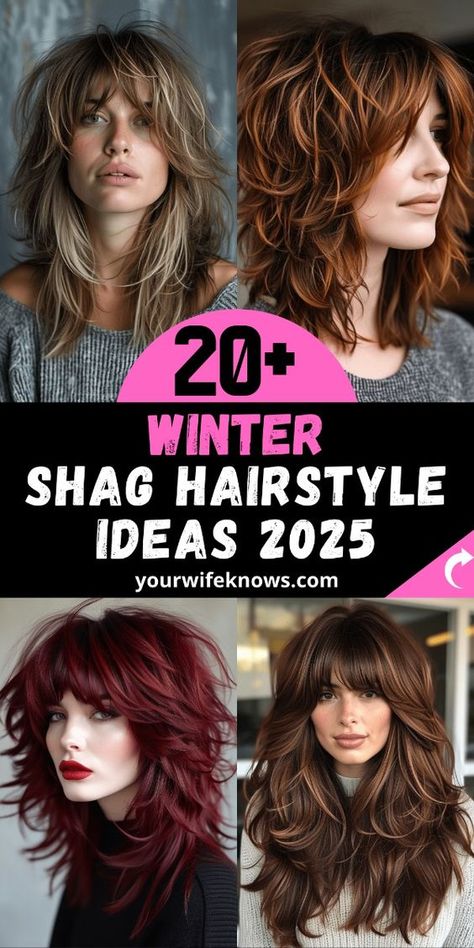 Check out 22 winter shag hairstyles that bring a fresh and modern look to the colder months. This guide covers medium, short, and long shags, offering something for every hair length. Go for a layered, textured cut or opt for bangs to frame your face beautifully. From curly to straight hair, these versatile styles are perfect for the winter season. Whether you have fine hair or thick locks, there’s a shag haircut for everyone. Long Thick Shag Haircut, Textured Medium Length Haircut, Chunky Shag Haircut, Long Layered Shag With Bangs, Thick Hair Haircut Layers, Messy Shoulder Length Hair Choppy Layers, Long Choppy Shag Haircut, Long Shag With Bangs Over 40, Medium Long Shag Haircut