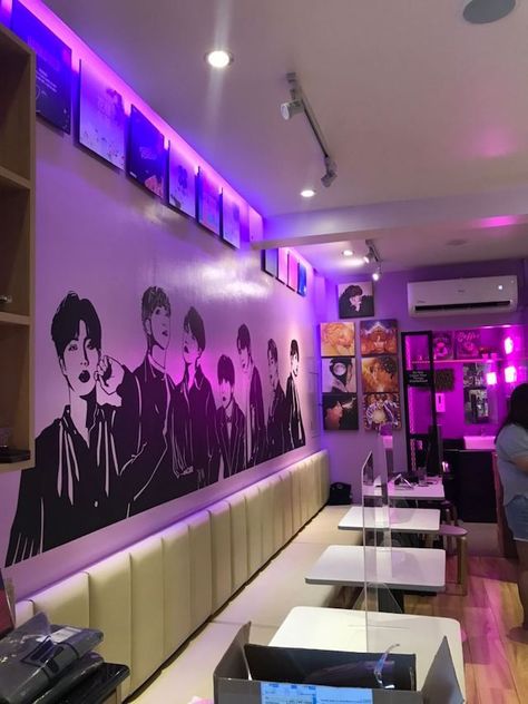 Purple Cafe Aesthetic, Bts Cafe, Purple Cafe, Bts Purple, Kpop Room, Cafe Aesthetic, Cafe Menu, About Bts, Aesthetic Pictures