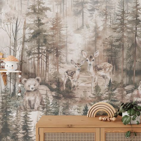 Animals in Kings Canyon Mural KM368 Large Neutral Nursery Watercolors Woodland Scenic Wallpaper Peel and Stick Removable Repositionable - Etsy Woodland Wallpaper Bedroom, Playroom Wall Mural, Watercolor Mural, Scenic Wallpaper, Kings Canyon, Art District, How To Install Wallpaper, Camper Ideas, Trendy Home Decor