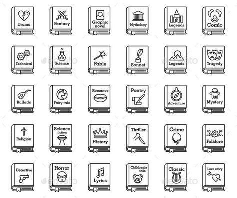 Literary Genres Book Icons Set Outline Style Fiction Book Outline Template, Outline Nonfiction Book, Book Icon Png, Library Pictograms, Literary Genres, Library Icon, Book Vector, Literary Genre, Book Icons