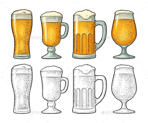 Different Beer Glasses, Beer Pint Drawing, Glass Of Beer Drawing, Beer Glasses Design, Pint Glass Tattoo, Beer Glass Illustration, Beer Glass Tattoo, Beer Glass Drawing, Beer Glass Painting