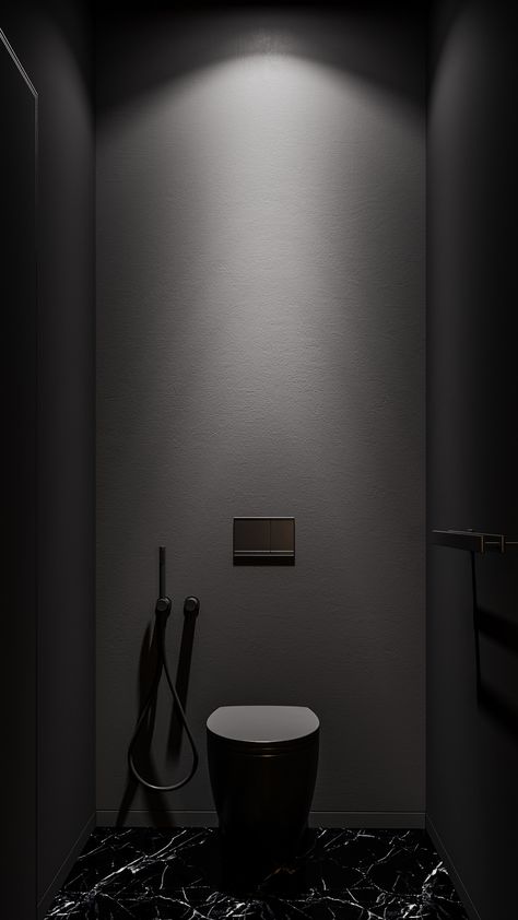 Dark Microcement Bathroom, Dark Toilet Design, Polished Concrete Bathroom, 2024 Bathroom, Wc Design, Minimalist Bathroom Design, Dark Bathrooms, Living Space Decor, Black Interior Design