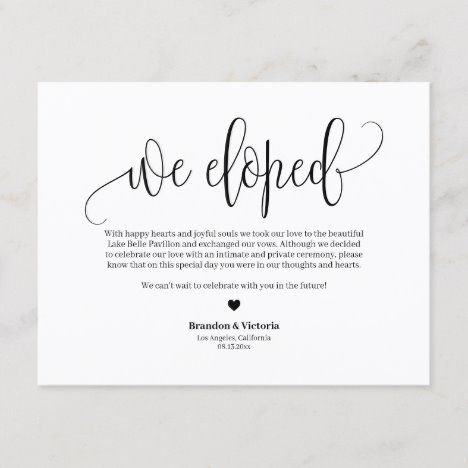 We Eloped | Black Pretty Script Elopement Announcement Postcard We Eloped, Engaged Af, Postcard Wedding Invitation, Elopement Reception, Marriage Announcement, Elopement Announcement, Surprise Wedding, Typography Love, Future Wedding Plans