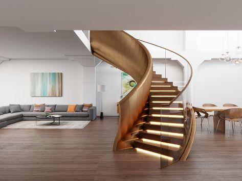 Find out more about the new helical stair range of Siller Stairs. The railing shape has been inspired by the shape of a ship bow. https://www.stairs-siller.com/helical-stairs/ Stair Dimensions, Circular Stairs, Huge Design, Glass Stairs, Iron Balusters, Floating Stairs, Floating Staircase, Glass Balustrade, Modern Stairs