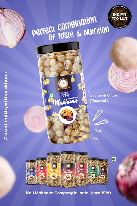 When taste meets nutrition, the outcome is awesome. Our Makhana is a perfect example of such a great combination. #Makhana #snack #Makhanabenefits #health #foods #foxnut #Indianfoxnut Fox Nut Packaging Design, Makhana Creative Ads, Makhana Packaging Design, Makhana Packaging, Snack Poster, Bakery Banner, Chocolate Branding, Food Creatives, Catalog Design Layout