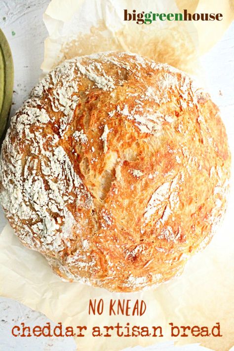 No Knead Cheddar Artisan Bread - Big Green House | for the love of baked goods. Cheddar No Knead Bread, Cheddar Artisan Bread, No Knead Cheddar Bread Dutch Oven, No Knead Cheese And Herb Bread Dutch Oven, Easy No Knead Jalapeno Cheese Artisan Bread, Jalapeño Cheddar No Knead Bread, No Knead Rustic Rosemary Garlic Bread, Big Green House, Cheddar Bread