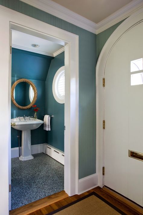 powder bath | Kelly Rogers of Interiors for Families Peacock Paint Colors, Peacock Blue Paint, Peacock Bathroom, Sherwin Williams Blue, Traditional Bathroom Decor, Traditional Home Magazine, Bath Paint, Traditional Bathroom Designs, Traditional Bathrooms