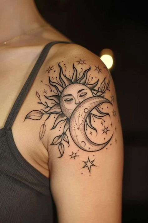 Sun Moon Star Shoulder Tattoo, One Shoulder Tattoo, Outside Elbow Tattoo, Shoulder And Upper Arm Tattoos, Side Shoulder Tattoos For Women, Cute Shoulder Tattoos For Women, Shoulder Piece Tattoo Women, Sun Shoulder Tattoos For Women, Sholdertatoos Women