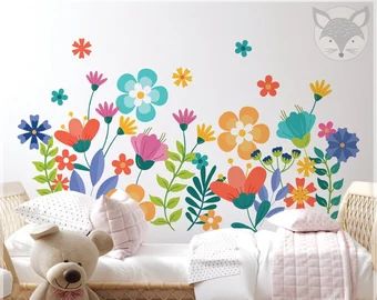 LittleDreamerDeco | Etsy Floral Nursery Bedding, Flower Wall Painting, Baby Nursery Wallpaper, Floral Wallpaper Nursery, Wall Decals Nursery, Kindergarten Wallpaper, Wall Murals Diy, Wallpaper Nursery, Kids Room Murals