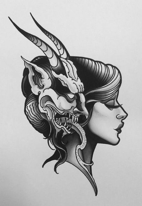 Devil On Shoulder Tattoo, Devil Pinup Tattoo, Devil And Angel Shoulder Tattoo, Devil Tattoo Design, Traditional Devil Tattoo, Demonic Traditional Tattoo, Devil Drawing, Devil Tattoo, Beautiful Tattoo