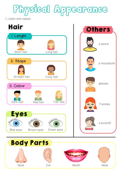 Appearance Description, Descriptions Of People, Describing People, Short Hair With Beard, Listening Test, Hair Fair, Physical Appearance, Flashcards For Kids, Parts Of The Body