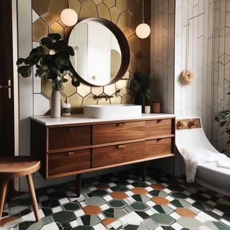 15+ Amazing Mid-Century Bathroom Design Ideas for a Retro Touch • 333+ Images • [ArtFacade] Bathroom Ideas Timeless, Timeless Bathroom Tile, Mid Century Modern Bathroom Vanity, Mid Century Bathroom Remodel, Mod Bathroom, Traditional Bathroom Ideas, 70s Bathroom, Timeless Bathroom Design, Wall Cladding Designs