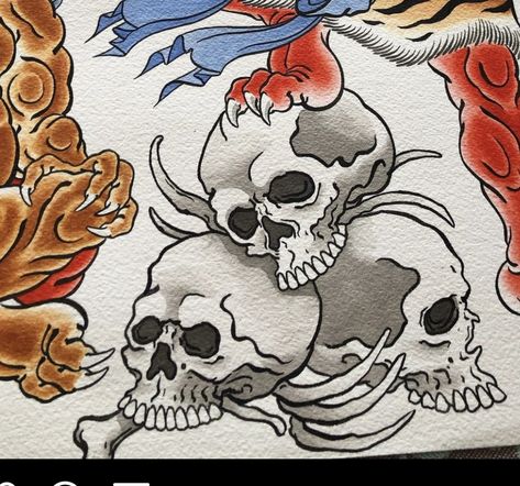 Japanese Skeleton Tattoo, Japanese Reaper, Japanese Skull Tattoo, Traditional Skull Tattoo, Japanese Skull, Skull Drawing Sketches, Traditional Japanese Tattoo Flash, Dragon Head Tattoo, Skull Reference