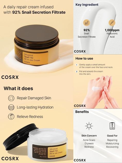 COSRX Standards: All COSRX products are formulated with skin-friendly ingredients that alleviate irritated skin. Hypoallergenic, Dermatologist tested, Animal Testing-FREE, Parabens-FREE, Sulfates-FREE, Phthalates-FREE Long-lasting Hydration: Infused with 92% of snail mucin (also called Snail Secretion Filtrate), this cream builds a moisture barrier to plump, hydrate, and soothes skin. This everyday multi-solution cream glides onto the skin and revives skin radiance. Cosrx Products, Moisturizer Stick, Products For Glowing Skin, Posters Layout, Cosrx Snail Mucin, Cosrx Snail, Snail Cream, Creative Post, Dry Skin Care Routine