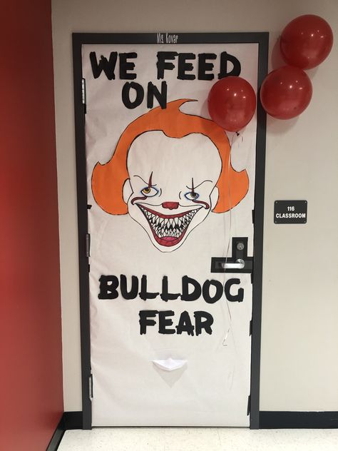 Hoco Door Decorating, Halloween Football Posters, Halloween Class Decorations, Homecoming Door Ideas, Homecoming Door Decorations, Student Section Posters, Homecoming Hallways, Homecoming Float Ideas, High School Halloween