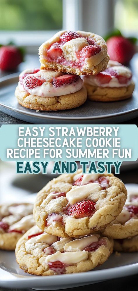 Celebrate summer with these easy Strawberry Cheesecake Cookies that are as delightful to make as they are to eat! This fun recipe brings together the classic flavors of cheesecake and strawberries, resulting in soft, chewy cookies that are bursting with flavor. With minimal prep time and simple ingredients, you can whip up a batch in no time. Perfect for picnics, barbecues, or just a sweet treat at home—these cookies are sure to be a hit! Strawberry Cheesecake Cookies, Cheesecake Cookies Recipes, Soft Chewy Cookies, Easy Strawberry Cheesecake, Cheesecake Cookie, Easy To Make Cookies, Recipe For Summer, Chewy Cookies, Cheesecake Cookies