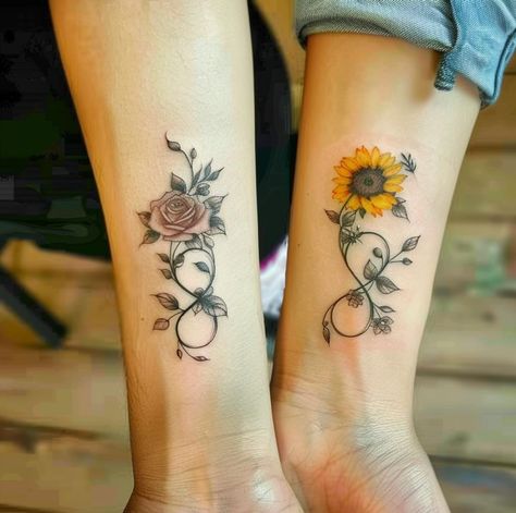 Rose And Sunflower Tattoo Shoulder, Rose And Sunflower Tattoo, Intertwined Tattoo, Rose And Sunflower, Sunflower Tattoo Ideas, Sunflower Tattoo Shoulder, Ribcage Tattoo, Small Sunflower, Sunflower Tattoos