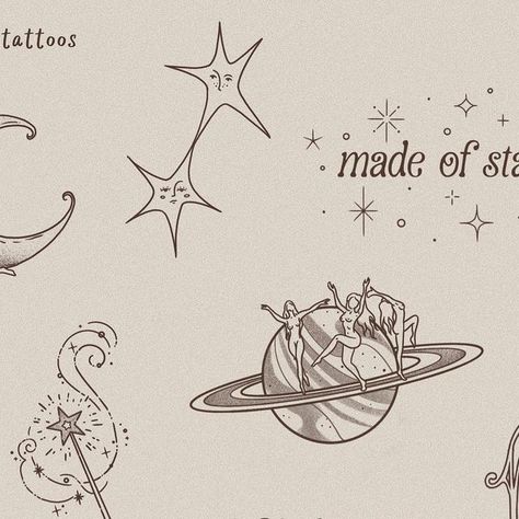 Ethereal Patchwork Tattoo, 90s Celestial Tattoo, Mini Space Tattoo, Big Fine Line Tattoo Ideas, Made Of Stardust Tattoo, Tattoo About Art, Whimsigoth Tattoo Ideas, Small Celestial Tattoo, Dainty Illustration