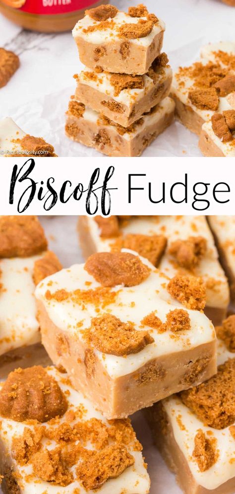 2 image collage of Biscoff fudge pieces stacked on top of one another Biscoff Fudge Recipe, Cookie Butter Fudge, Fudge White Chocolate, Biscoff Fudge, No Bake Biscoff, No Bake Fudge, Biscoff Recipes, White Chocolate Fudge, Biscoff Cookie Butter