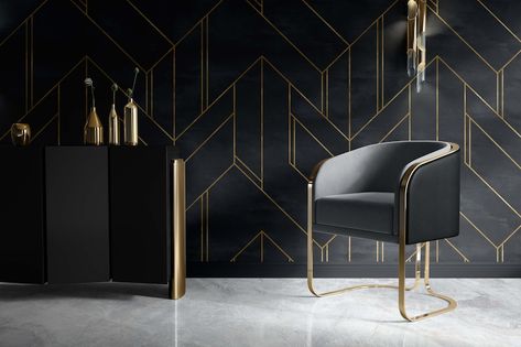 Wallpapering Ideas, Gold Geometric Wallpaper, Gold Accent Wall, Gold And Black Wallpaper, Black Feature Wall, Wall Trends, Black Accent Walls, Room Accent Wall, Maximalist Wall