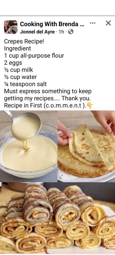 Easy Crepe Recipe, Crepe Recipe, Homemade Cookbook, Sweet Dishes Recipes, Tasty Recipes Videos, Quick Recipes Snacks, Easy Baking Recipes Desserts, Tasty Baking, Delicious Snacks