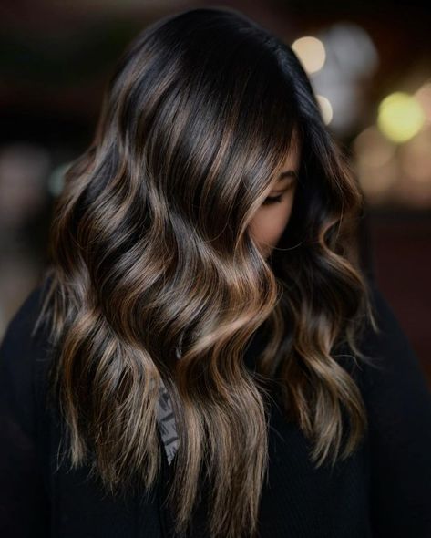 Black Hair with Light Caramel Highlights Medium Balayage Hair, Balayage Straight Hair, Balayage Hair Caramel, Balayage Ideas, Black Hair Balayage, Dark Brunette Hair, Subtle Balayage, Bronde Balayage, Black Hair With Highlights