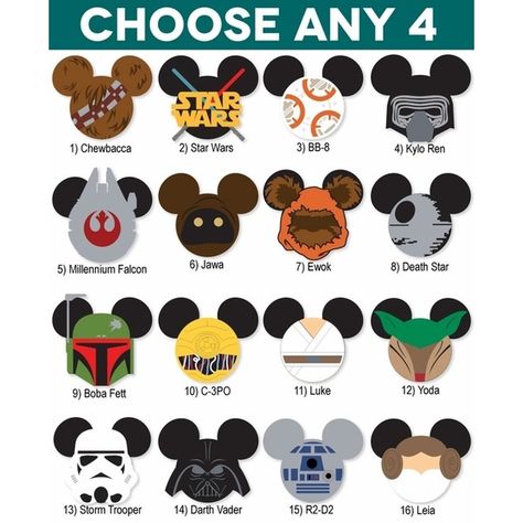 Mickey Heads: Star Wars Die Cuts - Check out these themed Mickey Heads. Choose any 4 from the dropdown menus. You may choose duplicates as well. You will get 1… Star Wars Mickey, Star Wars Cookies, Images Disney, Pink Head, Name Frame, Precious Gift, Mickey Head, Mickey Mouse Ears, Disney Ears