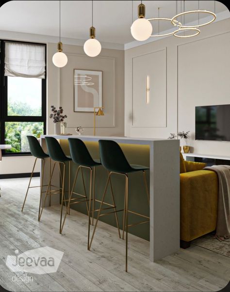 Bar Counter Living Room, Breakfast Bar In Living Room, Sofa With Bar Behind, Bar Counter Behind Couch, Couch In Front Of Kitchen Island, Dining Bench Behind Couch, Behind Sofa Dining Table, Kitchen Island Behind Sofa, Dining Behind Sofa