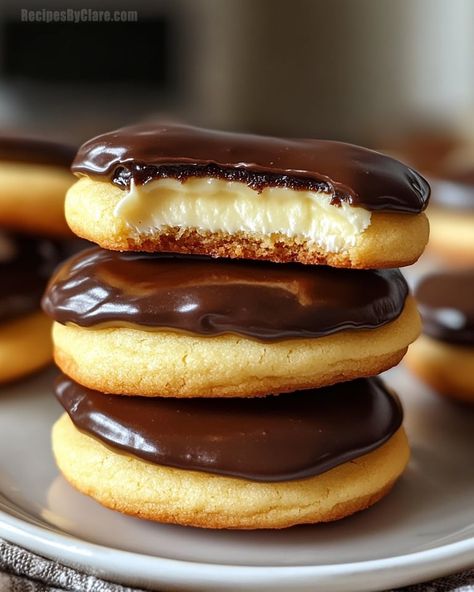 Boston Cream Pie Cookies - Soft and Chewy Delight - Recipes By Clare Cream Pie Cookies, Pie Cookies, Boston Cream Pie, Boston Cream, Thumbprint Cookies, Healthy Sweets Recipes, Classic Desserts, Bakery Recipes, Fun Baking Recipes