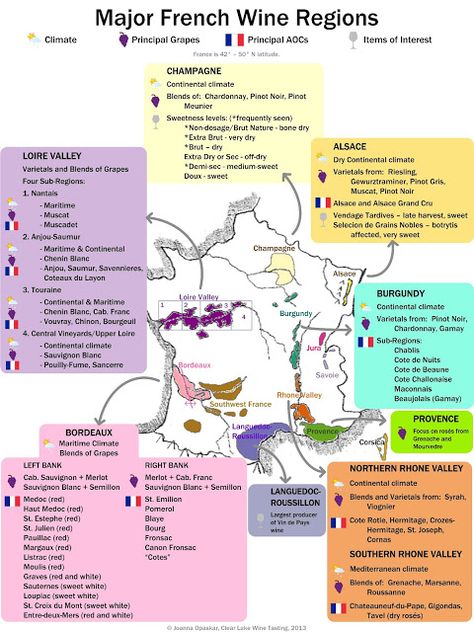 French wine cheat sheet: Infographic by Clear Lake Wine Tasting #wine101 #map #France Wine Cheat Sheet, Wine Infographic, Wine Region Map, French Wine Regions, Wine Facts, Wine Blog, Wine Sommelier, Wine Map, Wine Knowledge