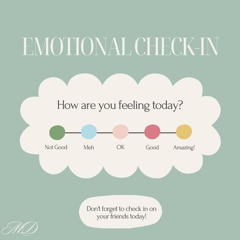 It's time for an emotional check-in! Take a moment to pause and reflect on how you're feeling today. Are you energized, overwhelmed, or somewhere in between? Remember, it’s okay to feel a mix of emotions. Acknowledge them, breathe, and be kind to yourself. #EmotionalCheckIn #emotionalcheckin #emotionalchecking #mentalhealth #mentalhealth #mentalhealthmatters #mentalhealthsupport #mentalhealthmatters #MentalHealthAwareness #mentalhealthtips #mentalhealthadvocate Emotions Check In, Feelings Check In, Mental Health Advocate, Kind Reminder, Dear Future Husband, Dear Future, Tough Day, Mental Health Support, Be Okay