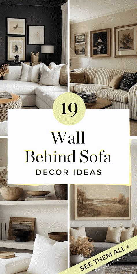 Unsure of how to decorate the wall behind a sofa? Wonder no more! Check out these inspiring images of living rooms that decorate the wall behind a sofa with style. DIY wall art ideas, thrifted art ideas, and more. The wall behind a sofa should never be blank - here's exactly how to decorate it to fit your aesthetic. Farmhouse Behind The Couch Decor, Above Couch Ideas Living Rooms, Wall Art Large Wall, Shelving For Living Room Wall, Sofa Behind Wall Decor, Couch Against Wall Decor, Console Between Wall And Sofa, Couch Art Above, Small Living Room Wall Decor Ideas Above Couch