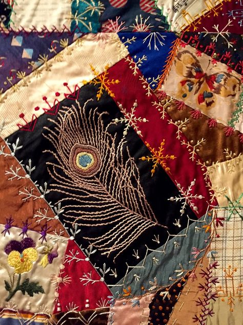 The American Crazy Quilt Exhibit at the Baltimore Museum of Art.  Photo by Needle's Eye Stories Quilt Embroidery, Crazy Quilts Patterns, Crazy Quilt Stitches, Crazy Quilt Blocks, Crazy Patchwork, Crazy Quilting, Crazy Quilt, Quilt Stitching, Silk Ribbon Embroidery