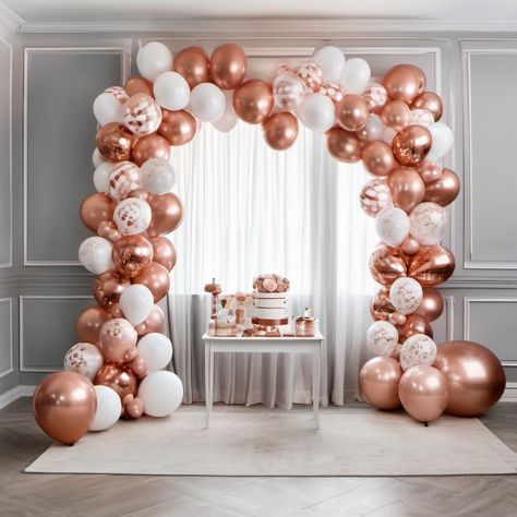 rose gold latex balloons birthday celebration party Rose Gold Balloon Arch Backdrop, Rose Gold Balloon Arch, Rose Gold Backdrop Birthday, Rose Gold And Silver Foil Curtain, Balloon Arch Tape, Metallic Rose Gold Balloons, Rose Gold Letter Balloons, Gold Birthday Party Decorations, Rose Gold Ribbon