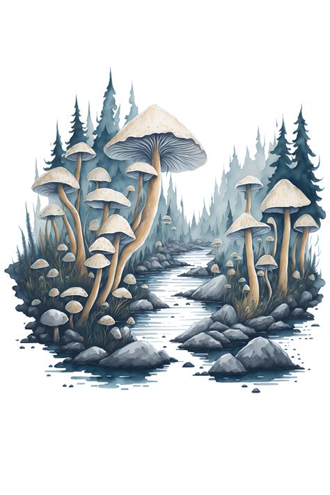 Fantasy Mushroom Forest Drawing, Forest Mushroom Tattoo, Mushroom World Drawing, Magical Forest Tattoo, Roam Inktober, Mushroom Forest Tattoo, Mushroom Forest Drawing, Enchanted Forest Tattoo, Forest Drawing Easy