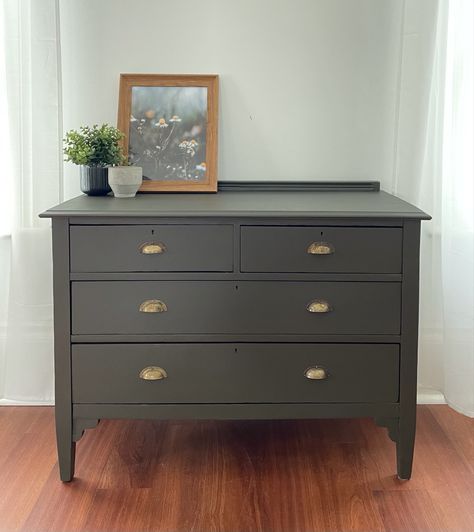 Dresser refinished in olive & flat finish with brass cup pulls added Dresser With Cup Pulls, Black Dresser Brass Hardware, Refinished Dresser, Brass Cup Pulls, Dresser Black, Dresser Refinish, Black Dresser, Black Dressers, Refinished Furniture