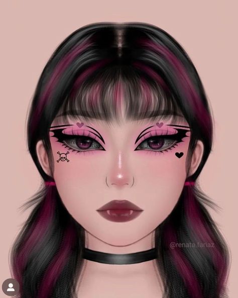 Ghost Face Eyeliner, Draculaura Eye Makeup, Monster High Makeup Draculaura, Draculaura Inspired Makeup, Monster High Draculaura Makeup, Pink Halloween Makeup Looks, Pink Halloween Makeup, Pink Goth Makeup, Uwu Makeup