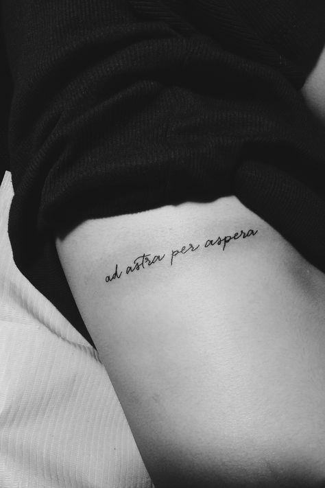 Through Hardships To The Stars, Tattoos About Hardships, Latin Tattoos For Women, Latin Quote Tattoos For Women, Latin Tattoo Quotes, Latin Quote Tattoos, Rib Tattoos Words, Girl Rib Tattoos, Rib Tattoo Quotes