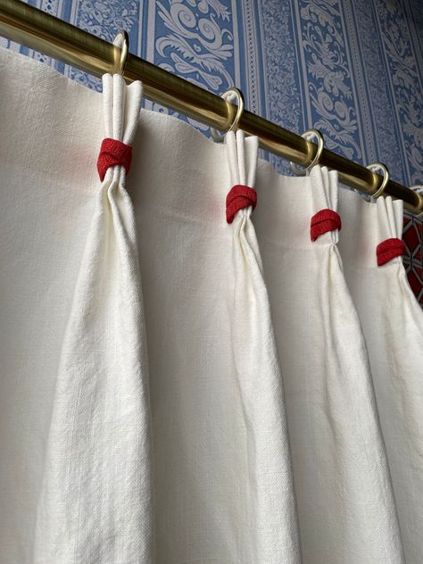 White Curtains With Trim, White Curtains With Pink Trim, Linen Curtains With Trim, Curtain Trim Ideas, Patterned Drapes, Red And White Curtains, Curtains With Tassel Trim, Bright Colored Furniture, Red And White Striped Curtains