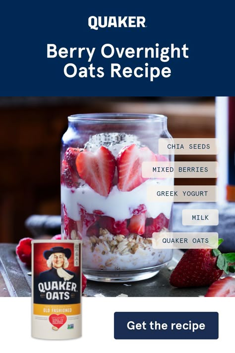 Use the Quaker Oats of your choice to prep this Berry Overnight Oats Recipe in the evening for a quick breakfast at home. Quaker Oats Overnight Oatmeal Recipes, Golo Diet Recipes Overnight Oats, Quaker Overnight Oats Recipe, Overnight Oats Quaker, Quaker Oats Recipes, Berry Overnight Oats, Easy Oatmeal Recipes, Breakfast At Home, Healthy Foods To Make