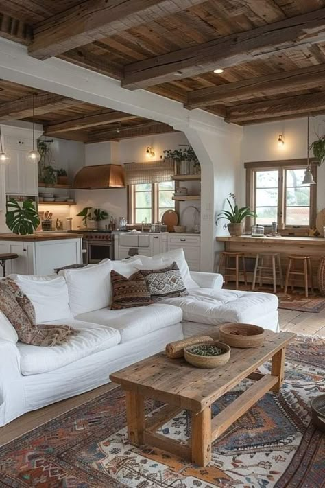 Mediterranean Farmhouse Living Room, Mediterranean Style Living Room, Spanish Living Room, Boho Homes, Mediterranean Living Room, Dream House Interior, Boho Living, Boho Living Room, Cozy Living Rooms