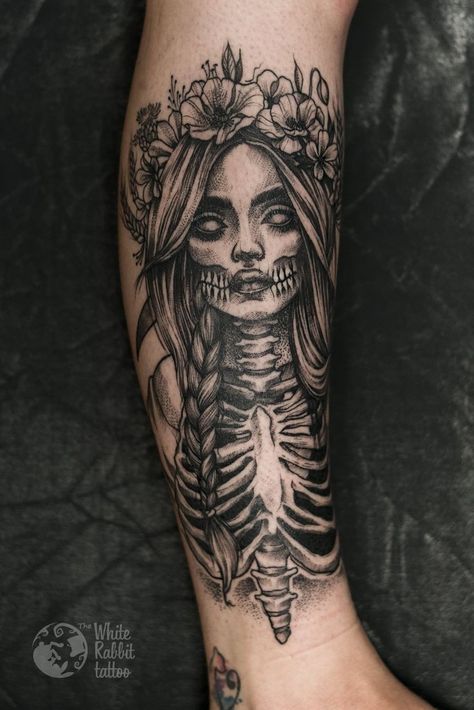 Creepy Leg Tattoos, Slavic Tattoo Design, Girl Skeleton Tattoo, Viking Women Tattoo, Skeleton Sleeve Tattoo, Alexandria Tattoo, Goddess Tattoo Sleeve, Top Of Forearm Tattoo, Gothic Tattoos For Women