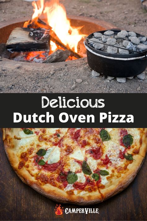 dutch oven pizza while camping Dutch Oven Pizza Recipes For Camping, Pizza In Dutch Oven, Dutch Oven Outdoor Cooking, Dutch Oven Chili And Cornbread, Camp Dutch Oven Recipes Outdoor Cooking, Dutch Oven Pizza Camping, Cast Iron Cooking Over Fire, Summer Dutch Oven Recipes, Dutch Oven Campfire Recipes