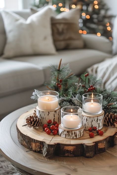 How To Decorate A Small Living Room For Christmas (20 Ways) Christmas Wood Table Decor, Christmas Decor Ideas Summer, Simple Christmas Decor Outdoor, Summer Christmas Decor Ideas, Xmas Table Centrepiece Ideas, Christmas Decor Dining Room Table, Oak Dining Table Decor, Christmas Table Ideas Centerpieces, Simple Christmas Coffee Table Decor