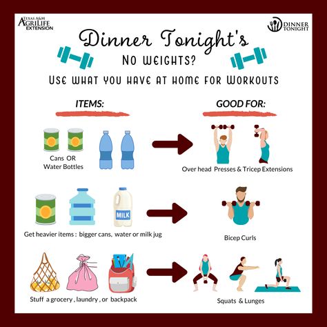 Don't have weights or a fancy at-home gym? No problem! You can easily use these household items into your at-home workout routine(s). Fun Home Workouts, What To Use As Weights At Home, No Equipment Home Workout, Diy Weights Homemade Fitness, Body Weight Exercises No Equipment, Weight Training At Home No Equipment, At Home Weights, Workout Home No Equipment, Hotel Room Workout