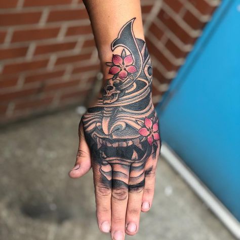 Samurai Helmet hand piece done by Dan.  -  For booking contact us at vidalocatattoobolton@gmail.com ⠀ - #tattoo #tattoideas #tattoodesigns #menstattoo #newtattoo #nexttattoo #newink #nextink #firstink #balckandgrey Samurai Hand Tattoos For Guys, Samurai Mask Hand Tattoo, Samurai Tattoo Hand, Japanese Tattoo Hand, Samurai Hand Tattoo, Japanese Hand Tattoos For Guys, Japanese Hand Tattoo, Samurai Maske Tattoo, Back Of Hand Tattoos