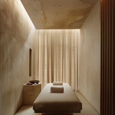 Our spa's calming palette and sustainable materials speak to the soul. #velazquezmcdonnellinteriors #wellnessgoals #spa #ecological #EcologicalDesign #interiordesign #interiordesigner Spa Refreshment Bar, Wellness Space Design, Organic Spa Design, Day Spa Design, Water Feature Interior, Dark Spa Aesthetic, Wellness Spa Aesthetic, Thai Massage Room Design, Home Spa Aesthetic